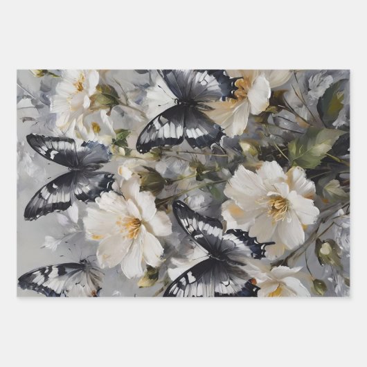 白い花の上に黒と白の蝶 ラッピングペーパーシート (正面)