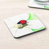 白い花の上絵画のラディバード コースター (左側)