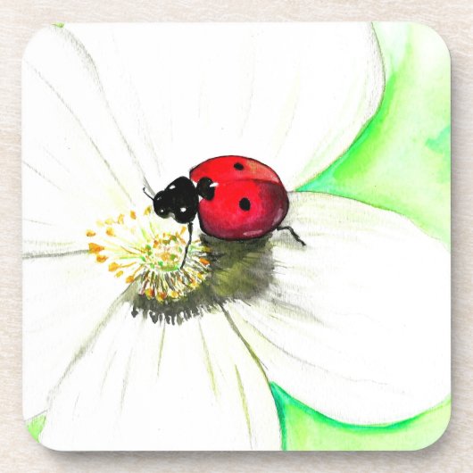 白い花の上絵画のラディバード コースター (正面)