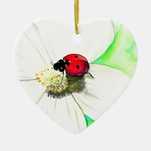 白い花の上絵画のラディバード セラミックオーナメント (正面)