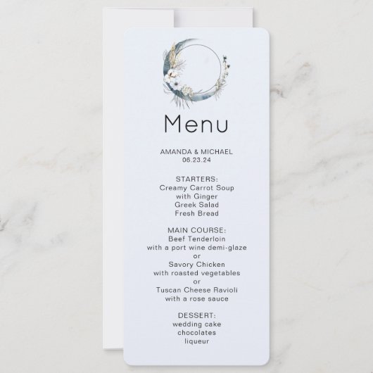 白い花の付いた青い三日月メニュー 招待状 (正面)