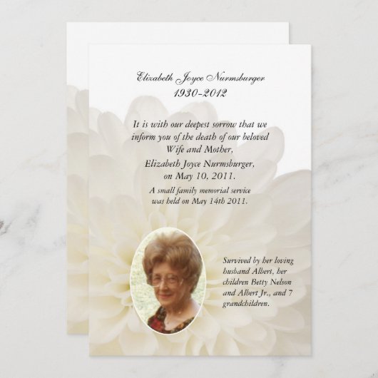 白い花の写真の死の発表カード 案内状 (正面/裏面)