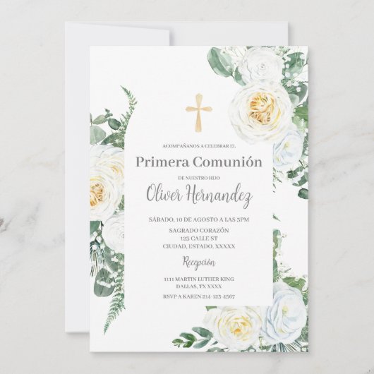 白い花の初めての聖体拝領 スペイン語招待状 招待状 (正面)