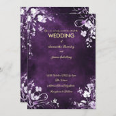 白い花の境界線のあるディープパープルの背景 招待状 (正面/裏面)