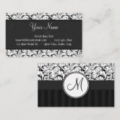 白い花の小束、ストライプ及びモノグラムの黒 名刺 (正面/裏面)