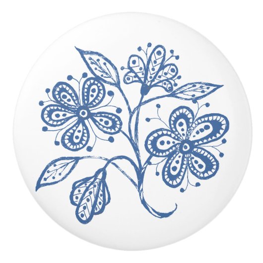 白い花の引出しのノブのカスタムな藍色 セラミックノブ (正面)