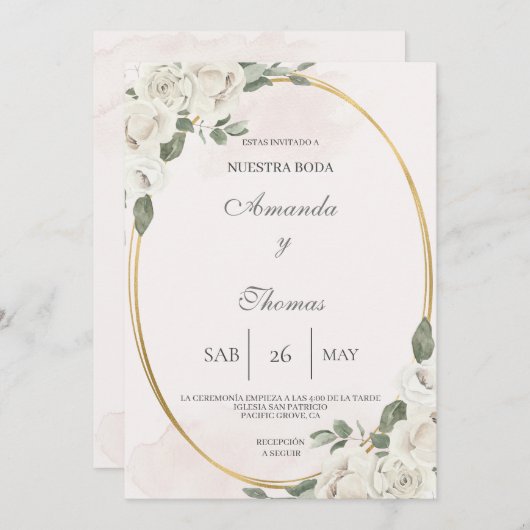 白い花の形をした楕円結婚式招待状 招待状 (正面/裏面)