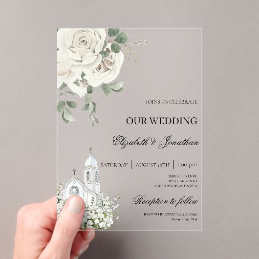 白い花の教会の結婚式用アクリル装飾 アクリル招待状 (インサイチュ (ポータブル))