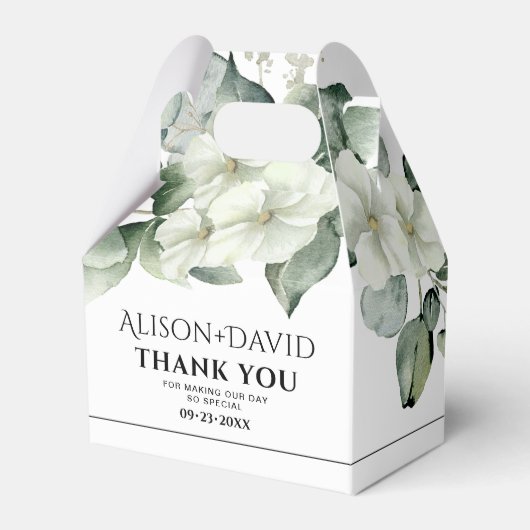 白い花の枝の黒いタイポグラフィ結婚の フェイバーボックス (正面サイド)