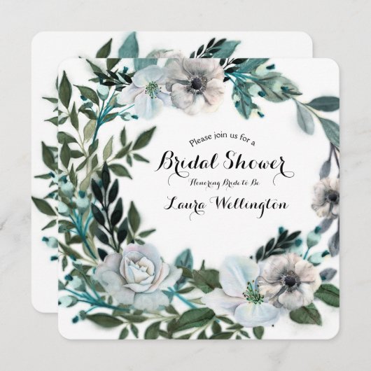 白い花の植物グリーンの花輪 招待状 (正面/裏面)