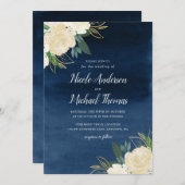 白い花の濃紺の水彩画の結婚式 招待状 (正面/裏面)