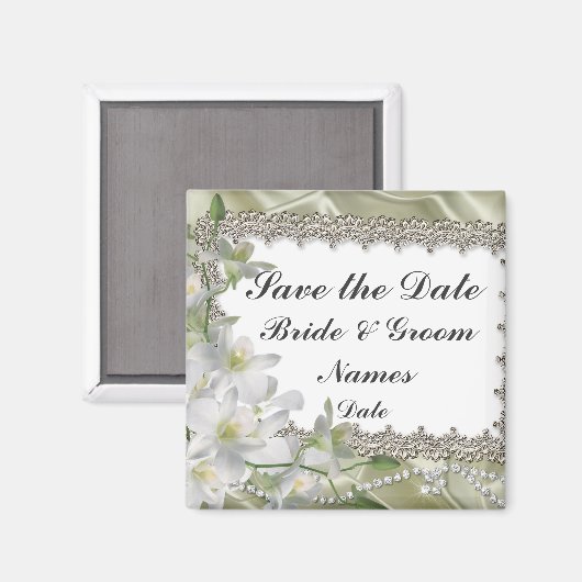 白い花の磁石の日付結婚を保存する マグネット (正面/裏面)