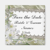 白い花の磁石の日付結婚を保存する マグネット (正面)