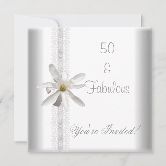 白い花の素晴らしい50歳の誕生日パーティーレース 招待状 (正面)