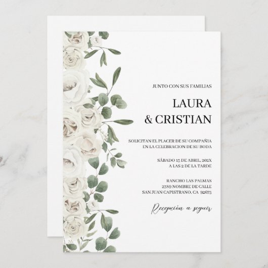 白い花の結婚式招待状スペインの 招待状 (正面/裏面)