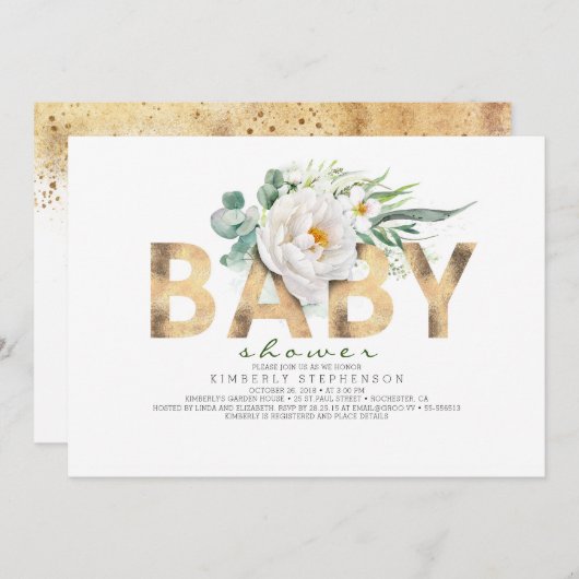 白い花の緑と金箔ベビーシャワー 招待状 (正面/裏面)