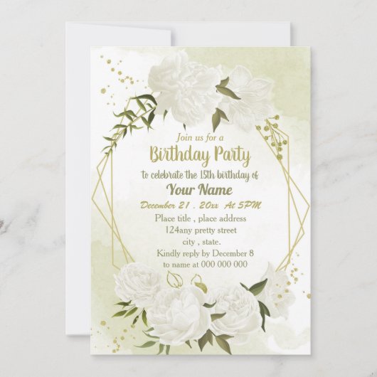 白い花の緑の幾何学誕生日パーティー 招待状 (正面)