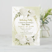 白い花の緑の幾何学誕生日パーティー 招待状 (スタンド正面)