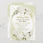 白い花の緑の幾何学誕生日パーティー 招待状 (正面/裏面)