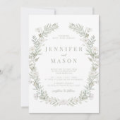 白い花の緑の素朴な結婚式招待状 招待状 (正面)
