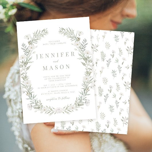 白い花の緑の素朴な結婚式招待状 招待状