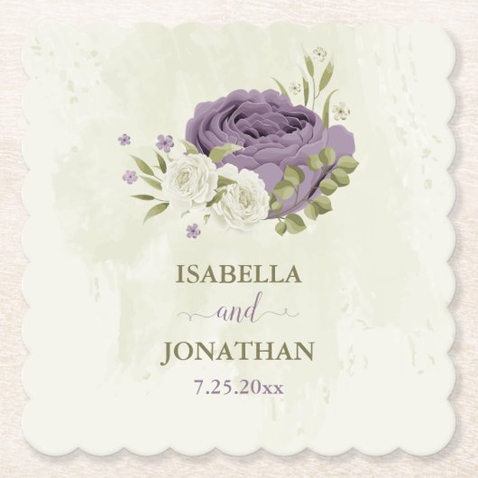 白い花の緑の結婚式 ペーパーコースター (正面)