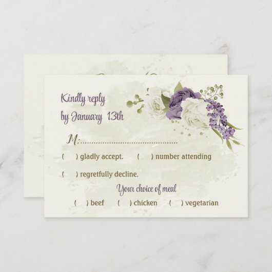 白い花の緑の結婚式 出欠カード (正面/裏面)