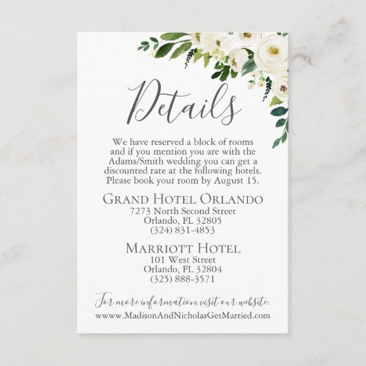 白い花の緑の結婚詳細カードの付属品 エンクロージャーカード (正面)