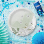 白い花の緑の葉セージグリーン ペーパープレート (パーティー)