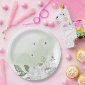 白い花の緑の葉セージグリーン ペーパープレート (パーティー)