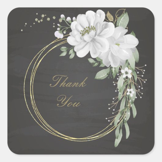 白い花の緑の葉金ゴールドリース黒 スクエアシール (正面)