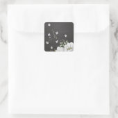 白い花の緑の葉黒色 スクエアシール (バッグ)