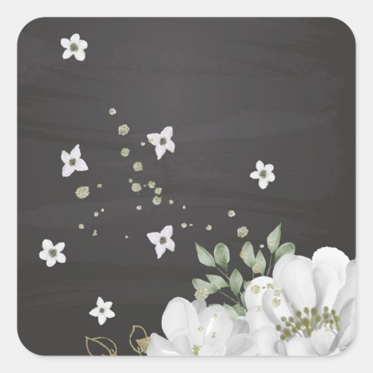 白い花の緑の葉黒色 スクエアシール (正面)