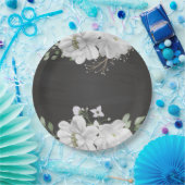 白い花の緑の葉黒色 ペーパープレート (パーティー)