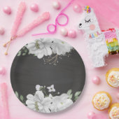 白い花の緑の葉黒色 ペーパープレート (パーティー)