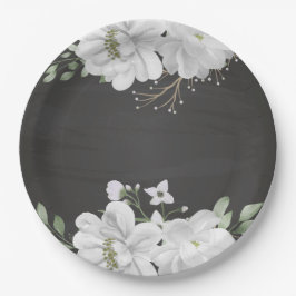 白い花の緑の葉黒色 ペーパープレート