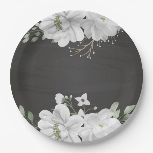 白い花の緑の葉黒色 ペーパープレート (正面)