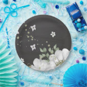 白い花の緑の葉黒色 ペーパープレート (パーティー)