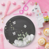 白い花の緑の葉黒色 ペーパープレート (パーティー)