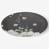 白い花の緑の葉黒色 ペーパープレート (アングル)