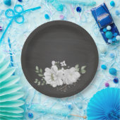 白い花の緑の葉黒色 ペーパープレート (パーティー)