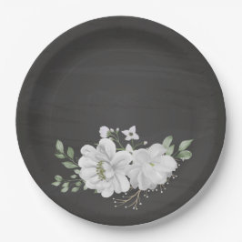 白い花の緑の葉黒色 ペーパープレート