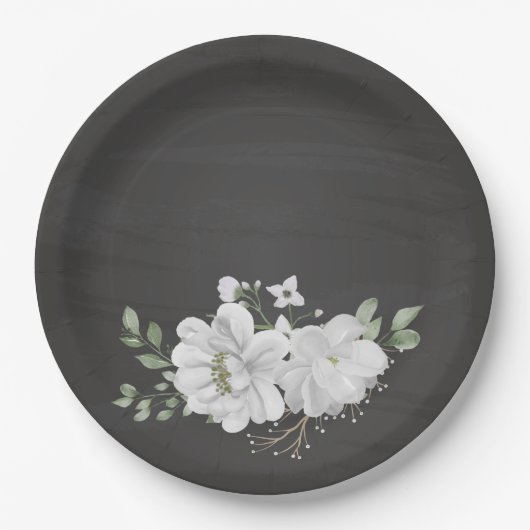 白い花の緑の葉黒色 ペーパープレート (正面)