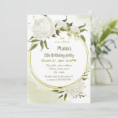 白い花の緑の金ゴールドリース誕生日パーティー 招待状 (スタンド正面)