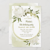 白い花の緑の金ゴールドリース誕生日パーティー 招待状 (正面/裏面)