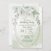白い花の緑の金ゴールド楕円形 招待状 (正面)