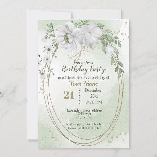 白い花の緑の金ゴールド楕円形 招待状 (正面)