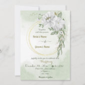 白い花の緑の金ゴールド結婚リース 招待状 (正面)