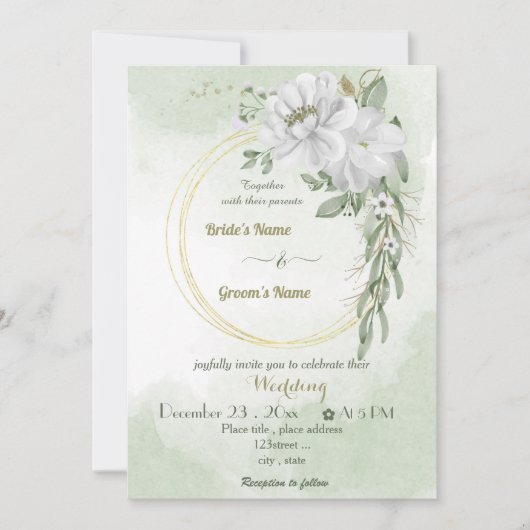 白い花の緑の金ゴールド結婚リース 招待状 (正面)