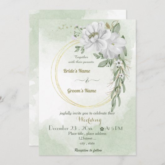 白い花の緑の金ゴールド結婚リース 招待状 (正面/裏面)
